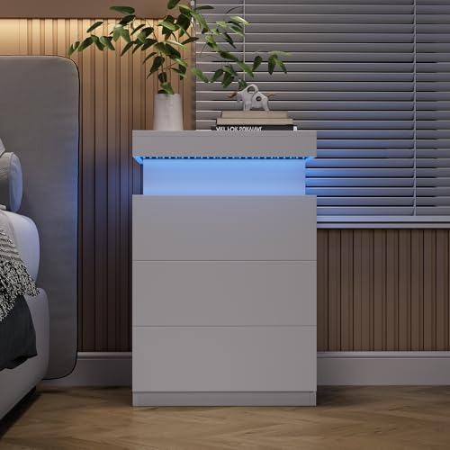 OLIXIS White Nightstand with Charging Station & RGB LED Lights by OLIXIS