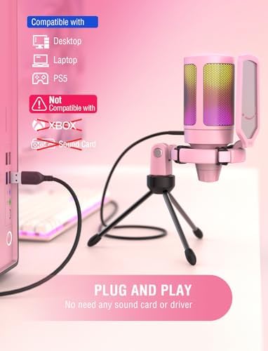 FIFINE AmpliGame Pink USB Gaming Microphone, Condenser RGB Mic for PC/PS5 - Image 5