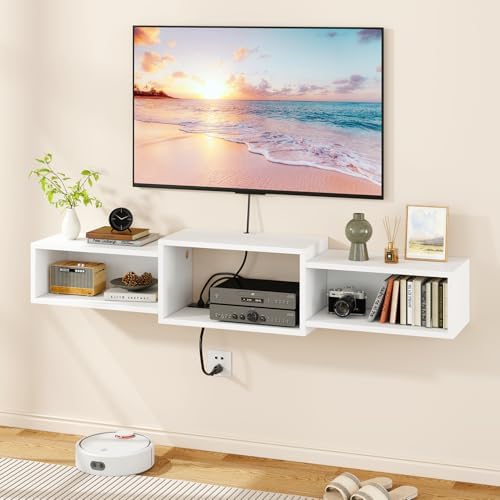 IBUYKE Floating TV Stand Wall Mounted with Power Outlet,Modern Wood Wall Mounted Media Console Shelf,Floating Entertainment Center for Under TV Storage for Living Room Bedroom Office,White WST001W - Image 4