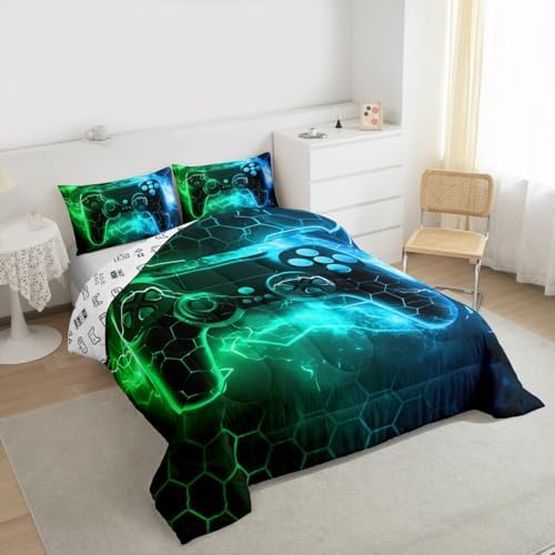 Feelyou Kids Boys Green Gamer Bedding Set Full Size, Honeycomb Gaming Comforter Set Lightning Gamepad Comforter Game Room Decor Duvet Set with 2 Pillow Case Room Quilt Set Bedding Collection - Image 2
