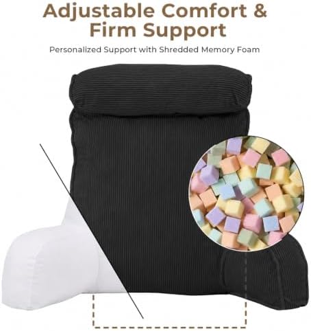 Reading Pillow for Bed with Detachable Neck Roll and Shredded Memory Foam, Back Pillow with Arms for Sitting Up, Washable Bed Rest Pillow with Side Pocket for Gaming, Sofa, Dorm - Black - Image 4