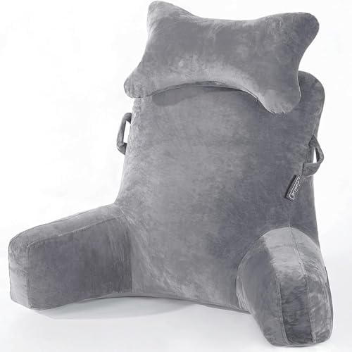 SLIGUY Reading Pillow-Bed Rest Pillow with Detachable Neck Roll & Support Arm for Sitting in Bed Couch or Floor-Backrest Reading Pillow Adult Back Pillow for Reading/Watching TV/Gaming,Dark Grey by SLIGUY