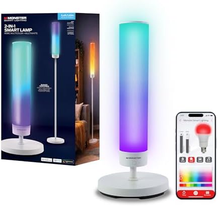 Monster Adjustable Smart Floor Lamp, Multicolor LED Floor & Table Lamp with App & Voice Control, Music Sync, Dimmable Ambient Lighting for Bedroom, Gaming Room & Living Room by Monster