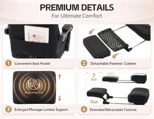 Office Desk Computer Gaming Chair for Adults, Ergonomic High Back Gamer Chair with Massage and Pocket Spring Cushion, Swivel Comfy Video Game Chairs with Footrest and Lumbar Support (Pro Black) - Image 5