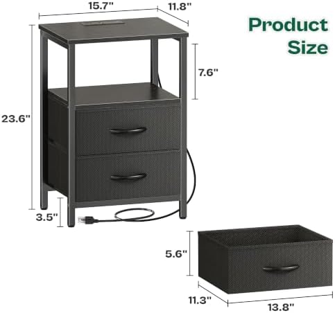 Huuger Night Stand with Charger Station and LED Lights, 2 Drawer Nightstand - Image 3