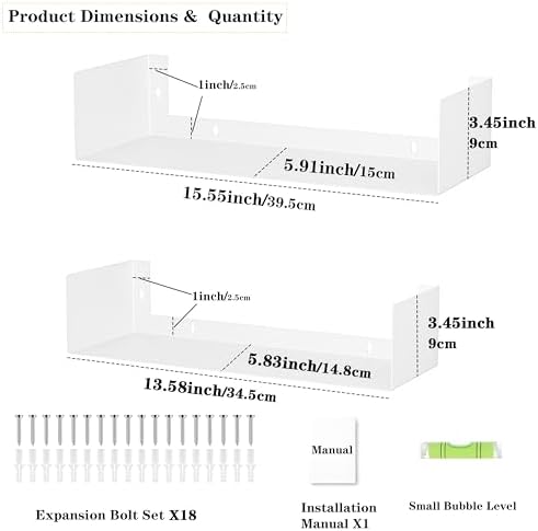 Metal Bali Floating Wall Shelves 15.5IN for Storage and Decor Wall Mounted CD DVD&Books Perfume, Make up Storage Shelves Living Room, Bedroom, Bathroom & Kitchen,4P-White, 15.5&13.6INCH - Image 2