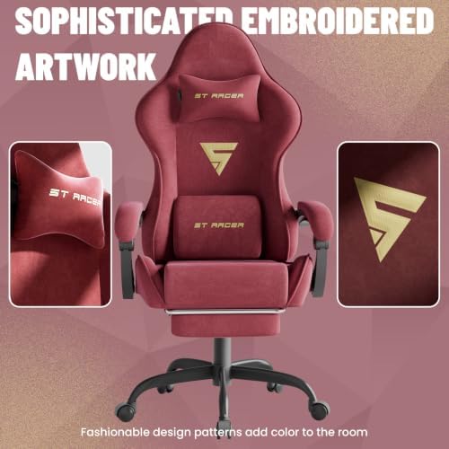 Ferghana Ergonomic Velvet Gaming Chair with Massage, Footrest & Reclining High Back, Racing Style Computer Desk Chair for Adults, Home Office Use, Red - Image 4
