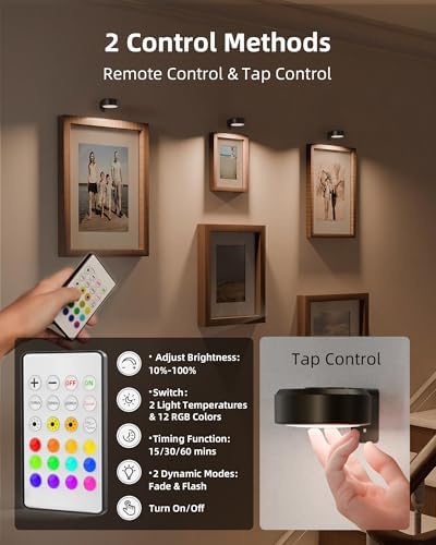 EZVALO Picture Lights for Wall, Rechargeable Battery Magnetic Poster Lights with 3 Color Temps & 12 RGB, Remote Dimmable Timer Light, Wall Decor Light for Art Display (6 Pack with Charging Station) - Image 5