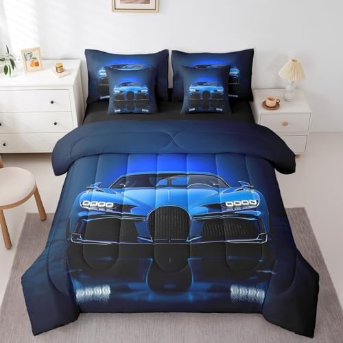 Feelyou Blue Race Car Bedding Set 7 Piece Boys Speed Sports Car Queen - Image 3