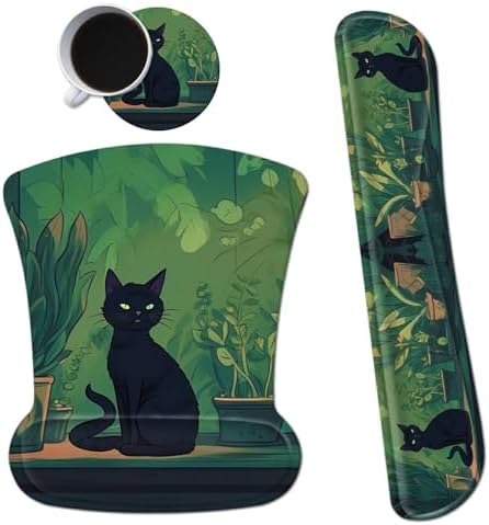 Ergonomic Mouse Pad with Wrist Support Gel Mousepads and Upgrade Keyboard Wrist Rest Pad Set, Coasters Non-Slip PU Base Mouse Mat for Office Gaming Computer Laptop Home, Black Cat Leaf by Dikoer
