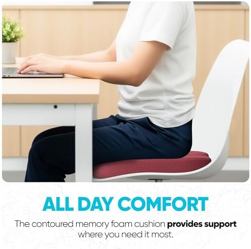 FORTEM Seat Cushion, Office Chair Cushion for Tailbone Sciatica Pain Relief | Memory Foam Pillow for Car | Ergonomic Design | Washable Cover | Non Slip | Red - Image 4
