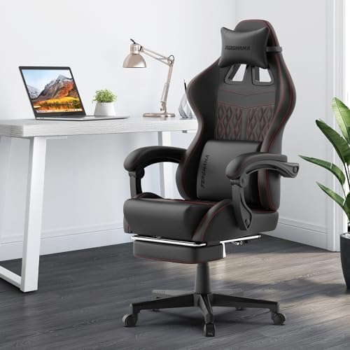 Ferghana Vintage PU Leather Gaming Chair, Ergonomic Gamer Chair with Massage, High Back Computer Office Chair with Footrest for Adults, Racing Style Reclining Video Game Chair (Black) - Image 2