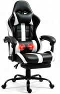 ECOTOUGE Massage Gaming Chair with Footrest & Lumbar Support, White | Premium PU Leather; Ergonomic Massage Lumbar; 90-135° Recline; Height Adjustable; Retractable Footrest; 330Lbs Steel Frame by ECOTOUGE