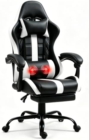ECOTOUGE Massage Gaming Chair with Footrest & Lumbar Support, White | Premium PU Leather; Ergonomic Massage Lumbar; 90-135° Recline; Height Adjustable; Retractable Footrest; 330Lbs Steel Frame by ECOTOUGE