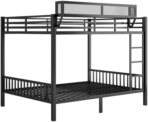 KEIKI Queen Over Queen Size Metal Bunk Bed Frame with Ladder and Built-in Storage Shelves, for Teens, Bunk Bed with Solid Slats, Guardrail, No Box Spring Required, Easy Assembly, for Bedroom, Black - Image 6
