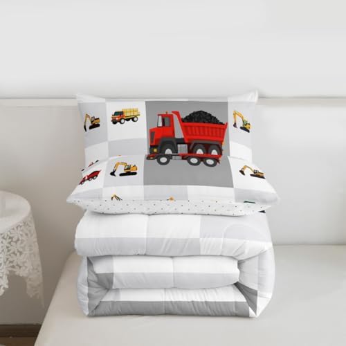 Boys Red Construction Bedding Set Cartoon Excavator Comforter Set for Kids Boys Tractor Truck Car Duvet Set Vehicles Comforter 1 Comforter Set with 2 Pillowcases Full Size Boys - Image 4