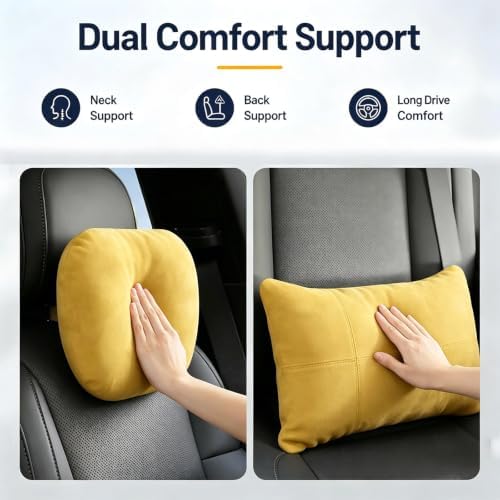 2 PCS Car Pillow for Driving Seat Soft Suede Headrest Neck & Lumbar Support | Universal Fit,Pain Fatigue Relief,Comfortable Plush,Elastic Adjustable Strap,Travel Sleep,Breathable Machine Washable Cover - Image 2
