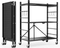 Himix 3 Tier Foldable Storage Shelf with Wheels 6 Hooks No Assembly Black by Himix