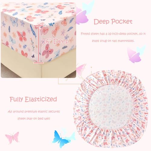 WINLIFE Kids Girls Twin Sheet Set Pink Floral Butterfly Printed 3 Pieces - Image 5