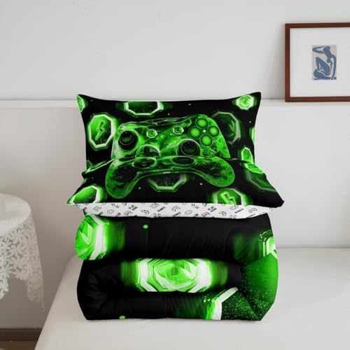 Feelyou Kids Green Gamer Bedding Set Full Size, Game Console Comforter Set Boys Girls Space Universe Gaming Comforter Gamepad Teens Duvet Set Bedroom Decor with 2 Pillow Case - Image 6