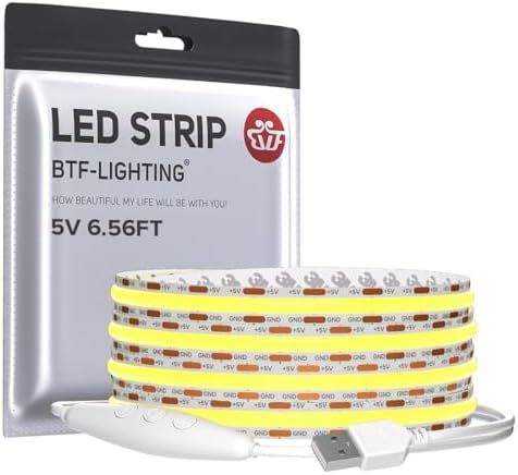 BTF-LIGHTING 5V USB COB LED Strip Lights 6.56FT Cool White 6000K by BTF-LIGHTING