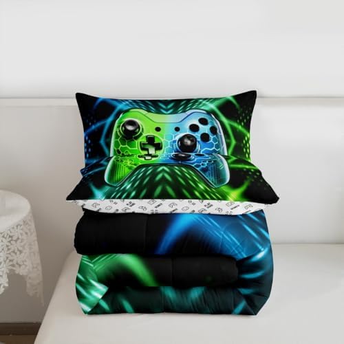 Feelyou Kids Boys Gamer Bedding Set Twin Size Gaming Comforter Set for Boys Girls Teens Blue Green Geometric Gamepad Duvet Quilt - Image 4