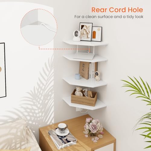 Homode Corner Wall Shelf, Corner Shelf Floating, Set of 4 Wooden Hanging Corner Shelves with Wire Hole for Bathroom Living Room Office, White - Image 3