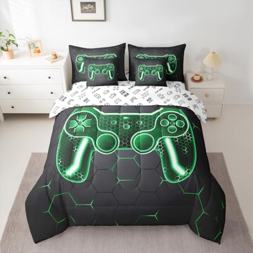 Feelyou Gamer Comforter Set with Sheets for Kids Boys Teens Game Controller Bed in a Bag Gaming Gifts 7 Piece Bedding Set Queen Size for All Season,Green Bed Set by Feelyou