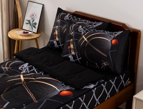 A Nice Night Zipper Bedding Basketball Court Printed with Sportsman Slam Dunk Printing Zippered Kids Comforter Set,Twin,BlackGold - Image 2