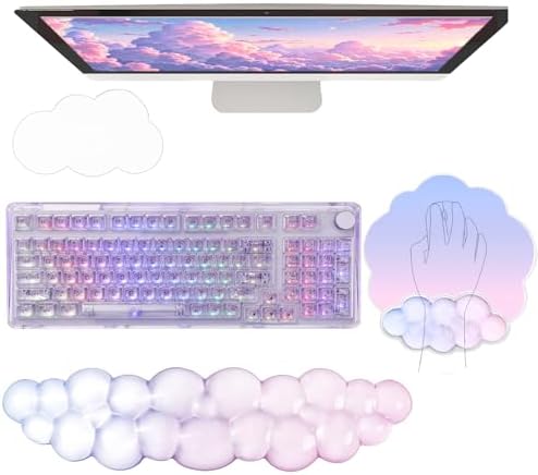 Gel Cloud Wrist Rest Keyboard Clear Mouse Pad with Wrist Rest Set 3PCS Ergonomic Acrylic Coaster Non-Slip Base Cute Transparent Cool Wrist Pad for Keyboard and Mouse Computer Gradient Pink Blue by WFCYGL