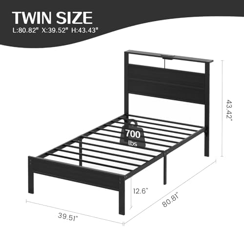 Black Twin Bed Frame with LED Lights and USB Charging Station, Modern Metal Platform Bed with Storage Headboard and Under-Bed Space, Noise Free, Sturdy Frame, No Box Spring Needed, Easy Assembly - Image 2