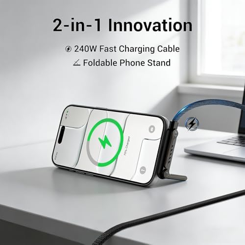 2-in-1 Invisible Stand Fast Charging Cable 240W Type-C Braided Fast Charging Cable Built-in Phone Stand 2 in 1 Phone Holder Cable for Suitable for Gaming Office and Travel Black - Image 2