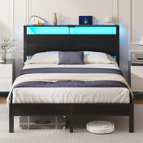 Queen Size Bed Frame with LED Lights and Charging Station Headboard by Unknown