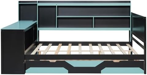 Merax Full Size Gaming Daybed with Integrated Desk and Lights, Wooden Platform Bed Frame with 3 Storage Drawers and Built-in Charging Station, Multi-Functional Headboard Shelves, No Box Spring Needed - Image 5