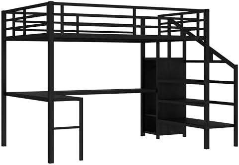 Queen Size Loft Bed with Desk and Storage Stairs, Metal Loft Bed Frame with Multi-color LED Lights, Charging Station, and Hanging Rod, Heavy-duty Loftbed for Kids, Teens, Adults, Noise-free, Black - Image 6