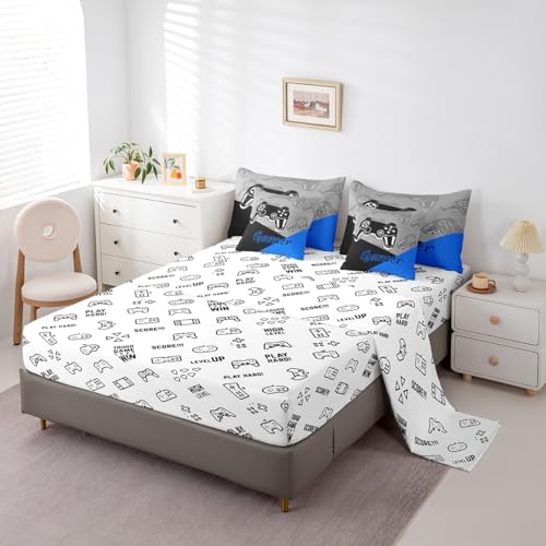 Feelyou Gaming Bed in a Bag for Boys Teen Video Game 7 Piece Bedding Set King Size for Kids Gamer Comforter Set with Sheets for All Season Gamepad Home Decor Bed Set Blue Black Grey - Image 4