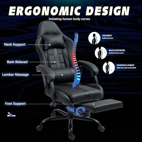ECOTOUGE Massage Gaming Chair with Footrest & Lumbar Support, Black | Premium PU Leather; Ergonomic Massage Lumbar; 90-135° Recline; Height Adjustable; Retractable Footrest; 330Lbs Steel Frame - Image 4