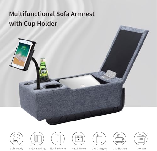 Removable Sofa Armrest, Dual Cup Holders Large Size Multifunctional Couch Caddy Storage Arm Rest with Power Wireless Charging Stand & LED Reading Light for Sofa Middle Seat Adjustable - Image 5