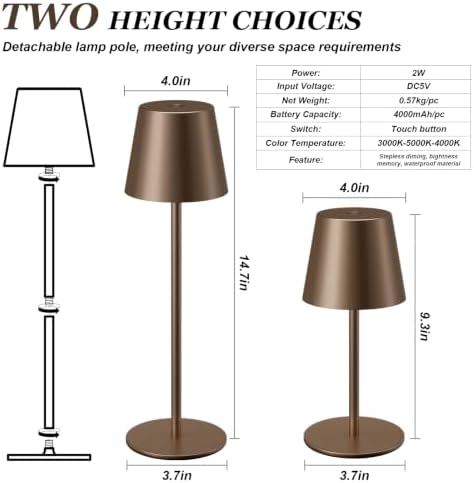 Kakanuo Brown Cordless Table Lamp Rechargeable, Battery Operated - Image 5