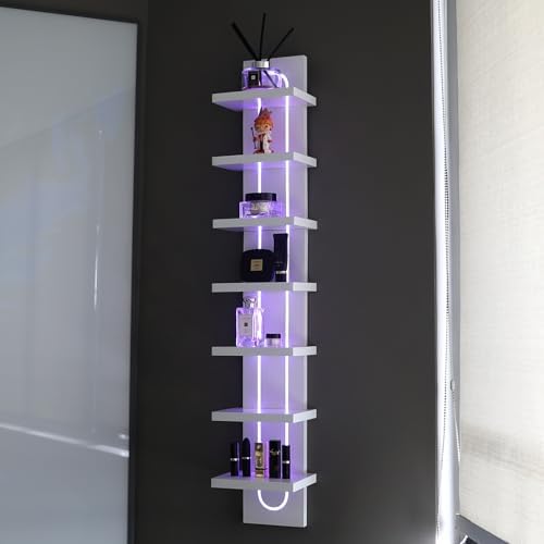 U-Shaped 7-Tier Compact Narrow RGB Light Wall Shelf Unit, White by AskTag