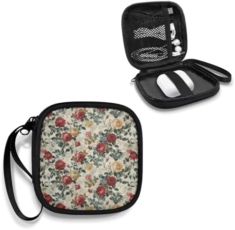 Starfish Square Earbud Case Floral Portable Carrying Case Storage Bag for Women Cell Phone Accessories Organizer with Handle for Earphone, Earbud, Earpieces - Image 2