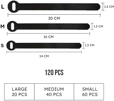 120 PCS 5/6/8 Inch Reusable Cable Ties for Cords – Data Cable Organizer Ties – Cord Wraps for Charging Cords – Electrical Wire Straps, Black - Image 2