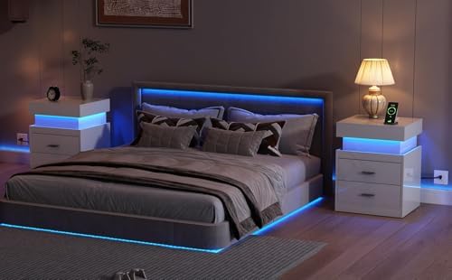 ChooChoo LED Nightstand Set of 2,Smart Night Standwith Charging Station and Sliding Top Storage, White - Image 2
