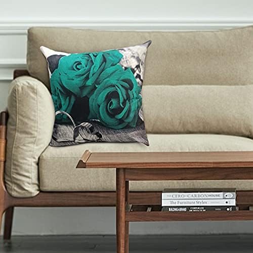 Green Throw Pillow Covers 18x18 Inch Set of 4 Turquoise Rose Pillow Cover Couch Decorative Love Sing Flower Square Pillow Cases for Bedroom Sofa Chair Outdoor Cushion Cover Modern Home Decorations - Image 4
