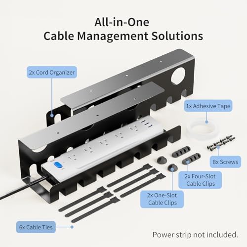 Delamu 2 Pack Metal Under Desk Cable Management Tray, U Channel Cord Organizer Box, Office Under Desk Cord Organizers, Cable Management with Various Accessories, Black, 15.75 Inches - Image 3