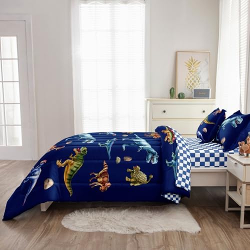 Kid Twin Comforter Set - 5 Pcs Dinosaur Bedding Set for Boys, Blue - Image 4