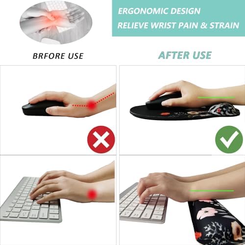 Keyboard Wrist Rest Pad Mouse Pad with Wrist Support Set of 3, Mousepad with Non-Slip Rubber Base, Ergonomic Memory Foam Mouse Wrist Cushion Support for Home Office Laptop Computer, Flower Black - Image 2