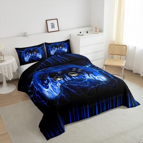 Feelyou Kids Gaming Gamer Bedding Set Toddler Size,Blue and Black Game Contoller Comforter Set for Teens Boys Bedroom Room Decor,Ombre Game Comforter,Geometric Gaming Bed Set - Image 4