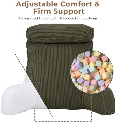Reading Pillow for Bed with Detachable Neck Roll and Shredded Memory Foam, Back Pillow with Arms for Sitting Up, Washable Bed Rest Pillow with Side Pocket for Gaming, Sofa, Dorm - Green - Image 4