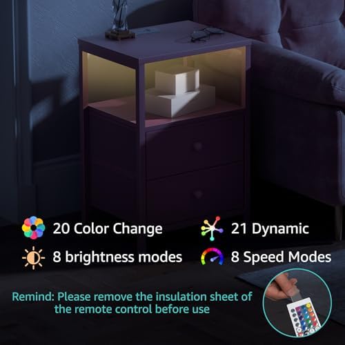 BOLUO Pink Nightstand with Charging Station, LED Night Stand with 2 Fabric Drawers, Bedside Table with USB Ports and Outlets, Nightstand for Bedroom Modern - Image 6